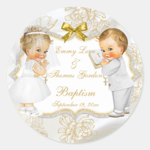 Baby Girl Boy Twins Communion Taufe Gold Cross Runder Aufkleber