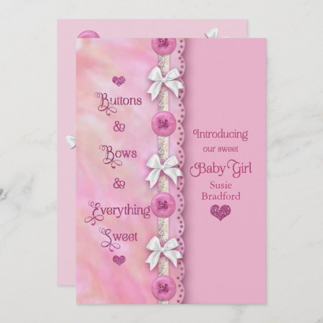 Baby Girl Buttons und Bows Pink Ankündigung (Vorne/Hinten)