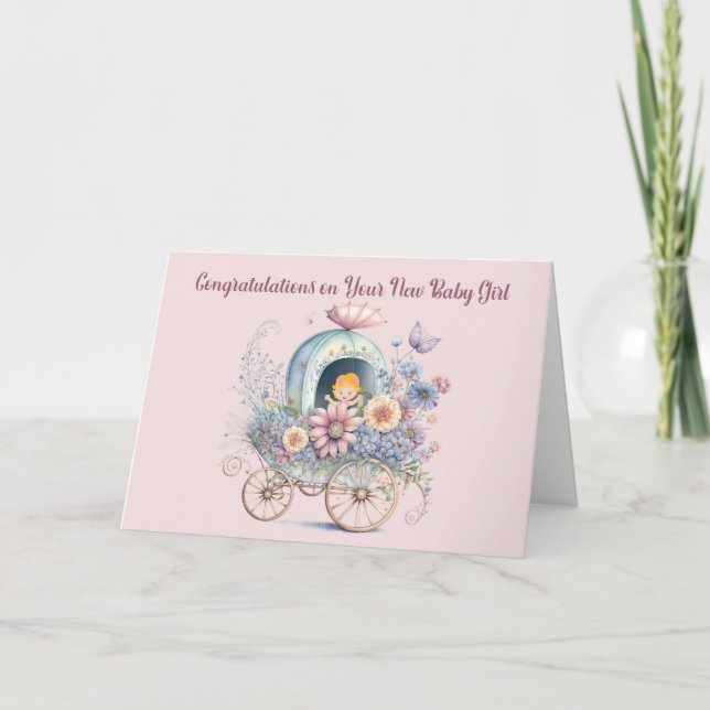 Baby Girl Card Carriage Blume & Baby Dankeskarte (Vorderseite)