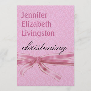 Baby Girl Christening Lila Pink Damask Metallic Einladung