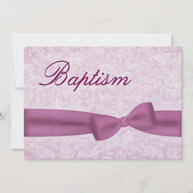 Baby Girl Christening Pink Damask Metallic Einladung (Vorderseite)