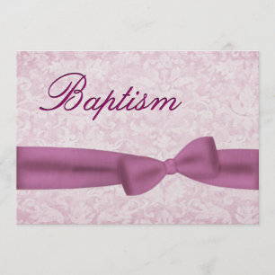Baby Girl Christening Pink Damask Metallic Einladung