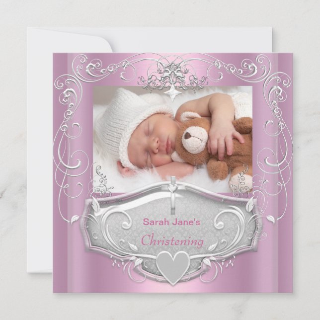 Baby Girl Christening Taufe Rosa Silver Cross Einladung (Vorderseite)
