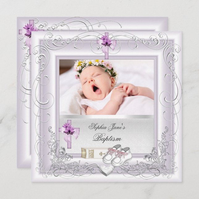 Baby Girl Christening Taufe White Lilac Pink Einladung (Vorne/Hinten)