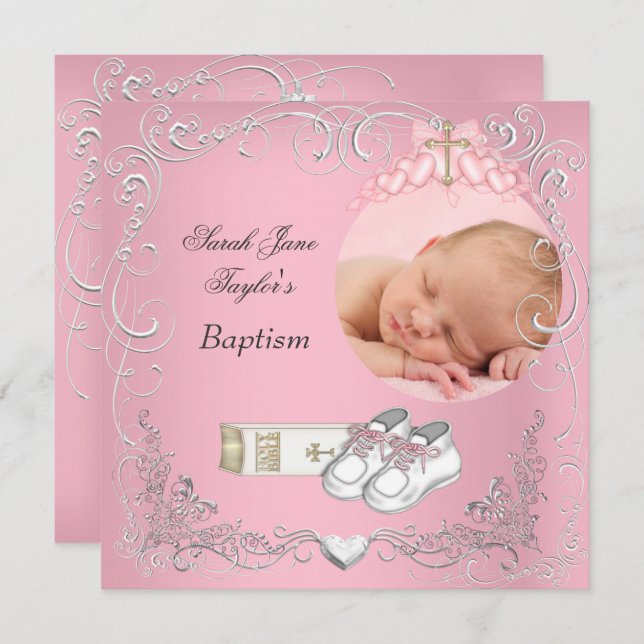 Baby Girl Christening Taufe White Pink Bible Ankündigung (Vorne/Hinten)