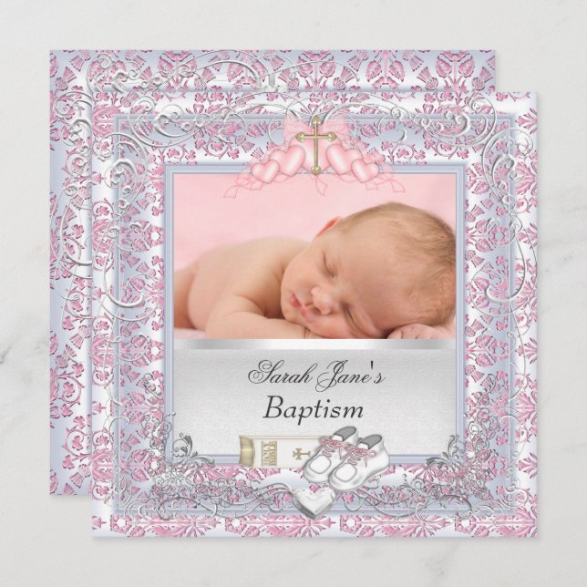 Baby Girl Christening Taufe White Pink Einladung (Vorne/Hinten)