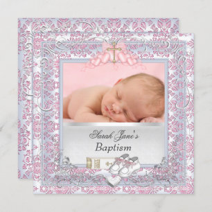 Baby Girl Christening Taufe White Pink Einladung