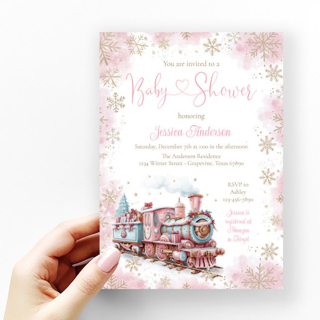 Baby Girl Christmas Train Holiday Baby Shower Einladung (Pink and gold snowflake baby shower invitation with cute pastel Christmas train.)