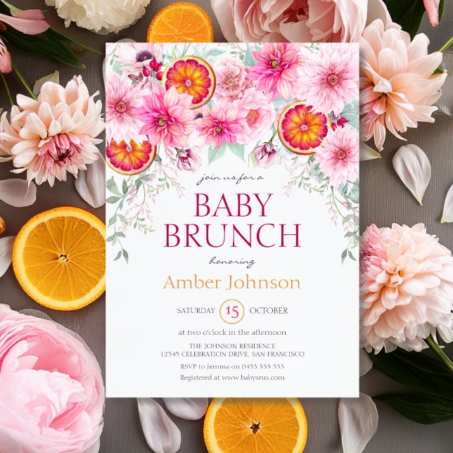 Baby Girl Citrus und Pink Blume Kinderdusche Einladung (Citrus and Pink Watercolor baby shower invitation)