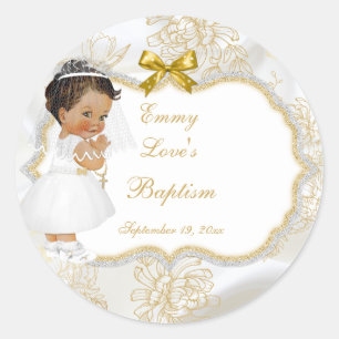 Baby Girl Communion Taufen Gold Cross Ethnic Runder Aufkleber