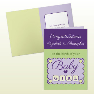 Baby girl congratulations purple green karte