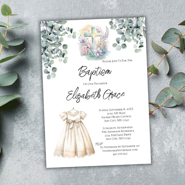 Baby Girl Cross Eucalyptus Dress Baptisse Luncheon Einladung (Baptism Christening White Baptism Dress Floral Cross Eucalyptus Baptism Invitation with Luncheon)