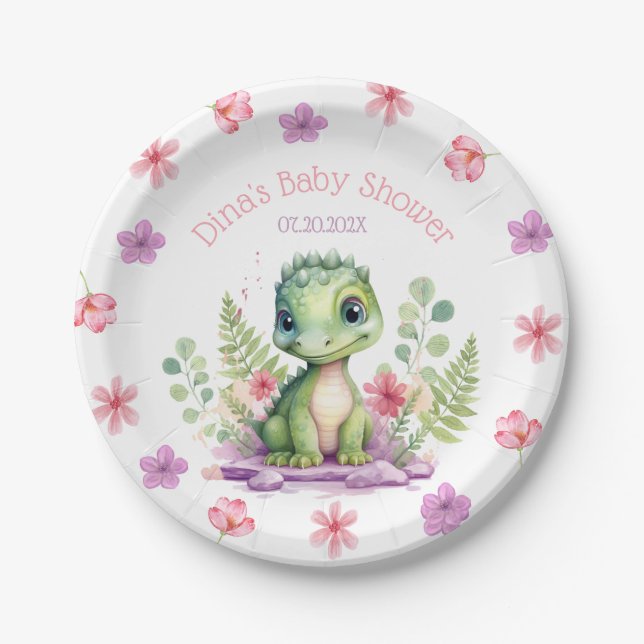 Baby Girl Dinosaur Pink und Purple Blumen Pappteller (Vorderseite)