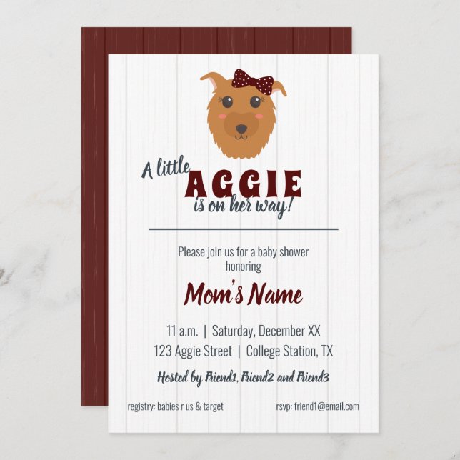 Baby Girl Dog Maroon Babydusche Einladung (Vorne/Hinten)