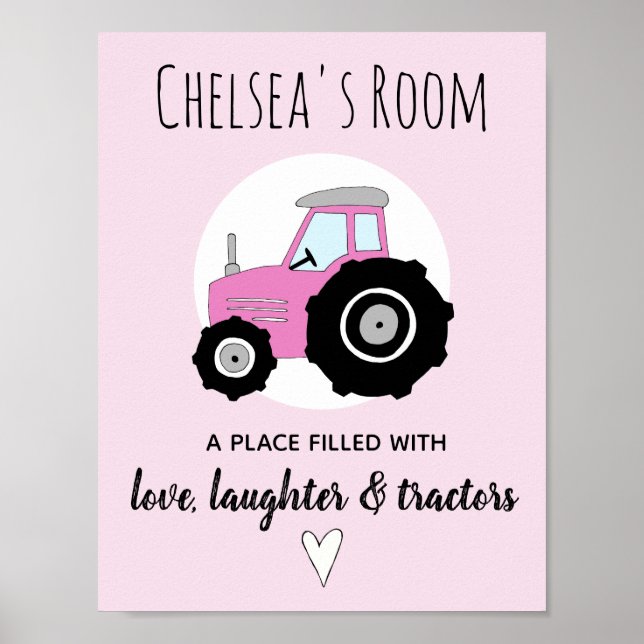 Baby Girl Doodle Pink Farm Traktor Name Kinderzimm Poster (Vorne)