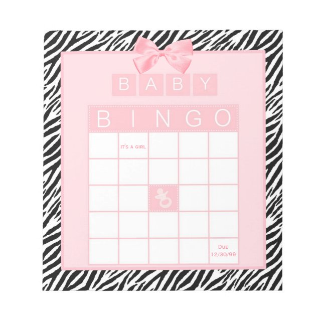 Baby Girl Dusche Bingo Pink Ribbon Zebra Print Notizblock (Vorderseite)