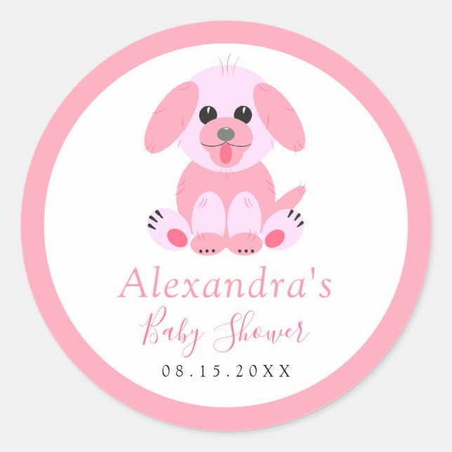 Baby Girl Dusche Pink Personalisiert Puppy Runder Aufkleber (Vorderseite)