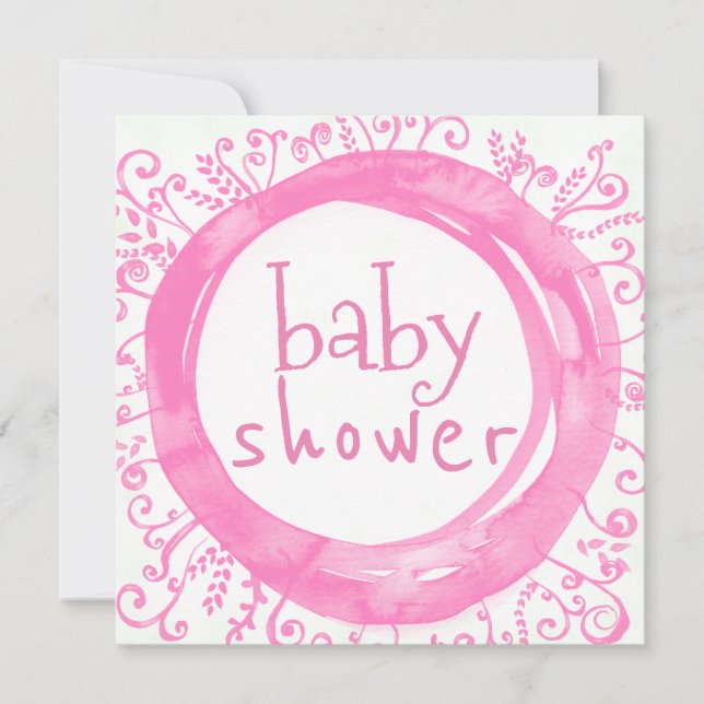 Baby Girl Dusche Pink Wasserfarbe Blumenreath Einladung (Vorderseite)