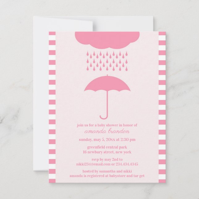 Baby Girl Dusche Rosa Regenschirm Einladung (Vorderseite)