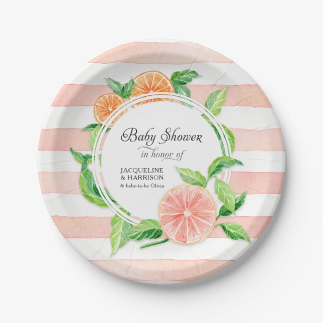 Baby Girl Dusche Rosa Streifen Citrus Orange Art Pappteller (Vorderseite)