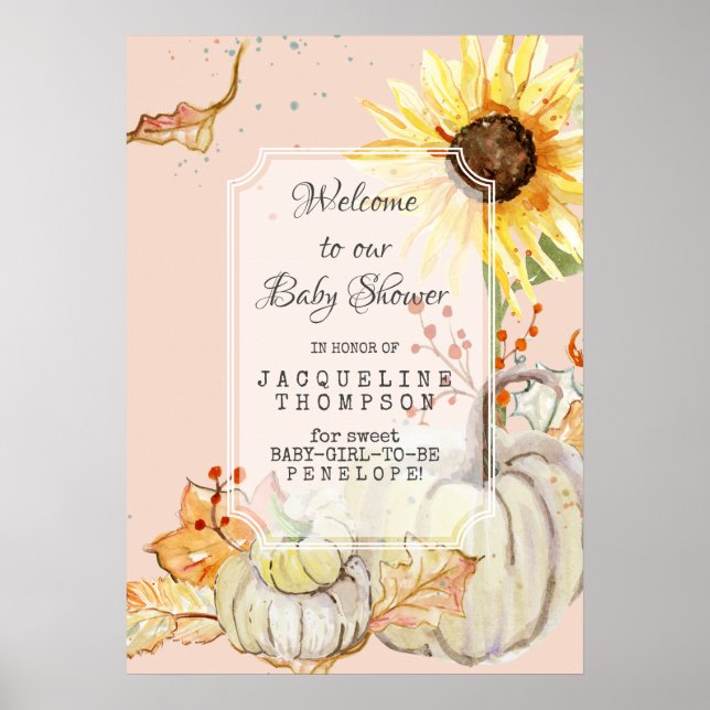 Baby GIRL Dusche Willkommenspumpkin N Sonnenblumen Poster (Vorne)