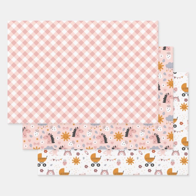Baby Girl Duschwrapping Paper - Set von 3 Blättern Geschenkpapier Set (Set)
