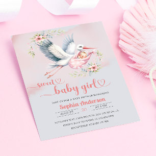 Baby Girl Duwer mit Stork Illustration - elegant Einladung