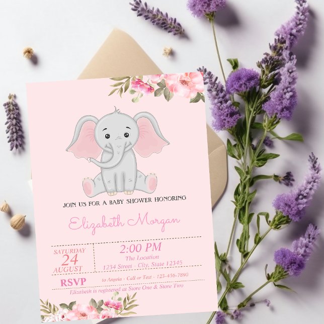 Baby Girl Elephant, Bloral Baby Shower Einladung (Von Creator hochgeladen)