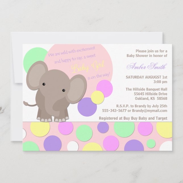 Baby Girl Elephant Dusche Einladung (Vorderseite)
