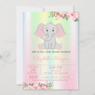Baby Girl Elephant, iridescent Floral Baby Shower Einladung