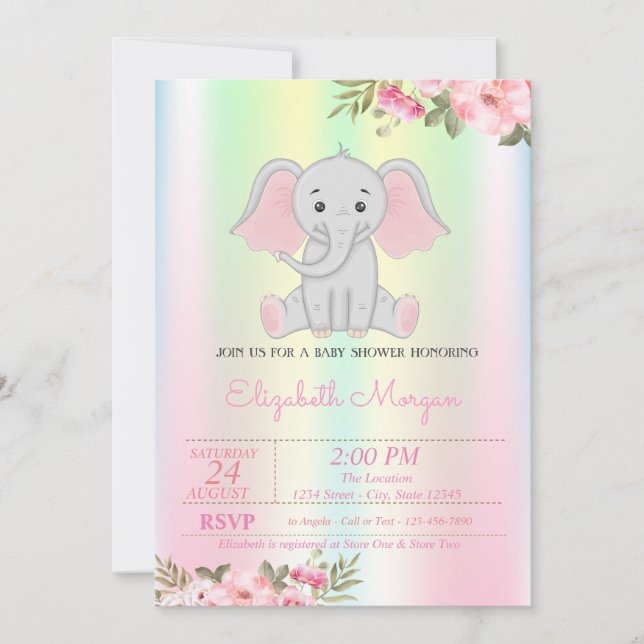 Baby Girl Elephant, iridescent Floral Baby Shower Einladung (Vorderseite)