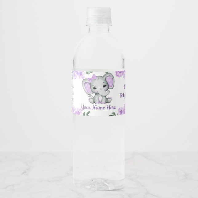 Baby Girl Elephant Lila Water Label Floral Wasserflaschenetikett (Vorderseite)