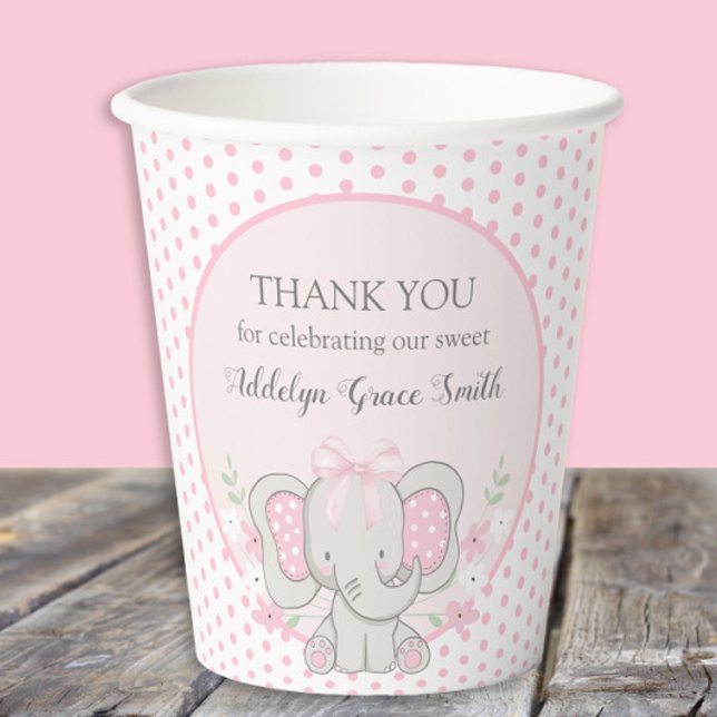 Baby Girl Elephant Pink Polka Dot Sip Dusche Pappbecher (Cute baby girl elephant baby shower paper cups)