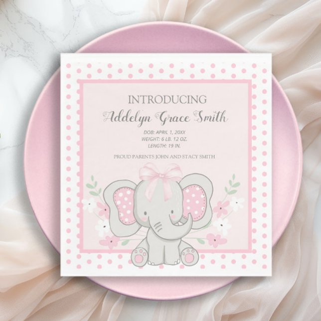 Baby Girl Elephant Pink Polka Dot Sip Dusche Serviette (Cute pink elelphant baby girl baby shower paper napkins)