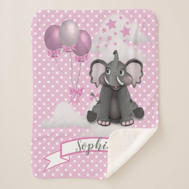 Baby Girl Elephant Pink Polka Dots | Name des Ball Sherpadecke (Vorderseite)