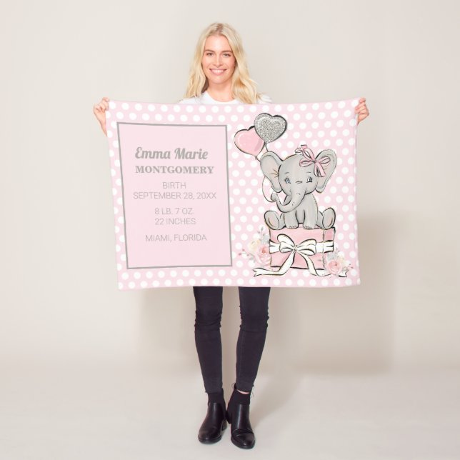 Baby Girl Elephant Pink Silver Birth Ankündigung Fleecedecke (Beispiel)