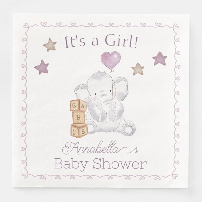 Baby Girl Elephant und Niedlich Balloon Wassercolo Serviette (Vorderseite)