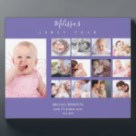 Baby Girl Erstes Jahr FotoCollage Custom Lila Fotoplatte<br><div class="desc">Baby Girl Erstes Jahr FotoCollage Custom Lila</div>