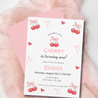 Baby Girl First Birthday Cherry & Pink Bow Niedlic Feiertagskarte
