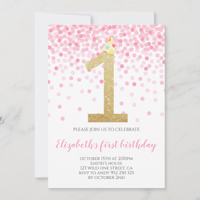 Baby Girl First Birthday Pink Confetti Girl Party Einladung (Vorderseite)