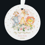 Baby Girl First Christmas Blush Gold Floral Safari Ornament<br><div class="desc">Dieses feminine Design besticht durch eine Gruppe von zauberhaften Dschungeltieren,  umgeben von wunderschönen,  in Aquarelltönen blütigen Rosen und Glitzer Confetti</div>