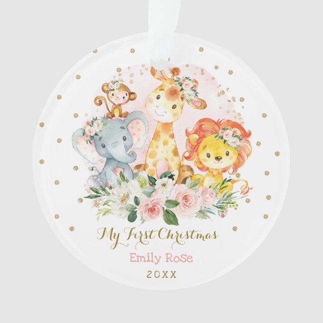 Baby Girl First Christmas Blush Gold Floral Safari Ornament (Vorderseite)