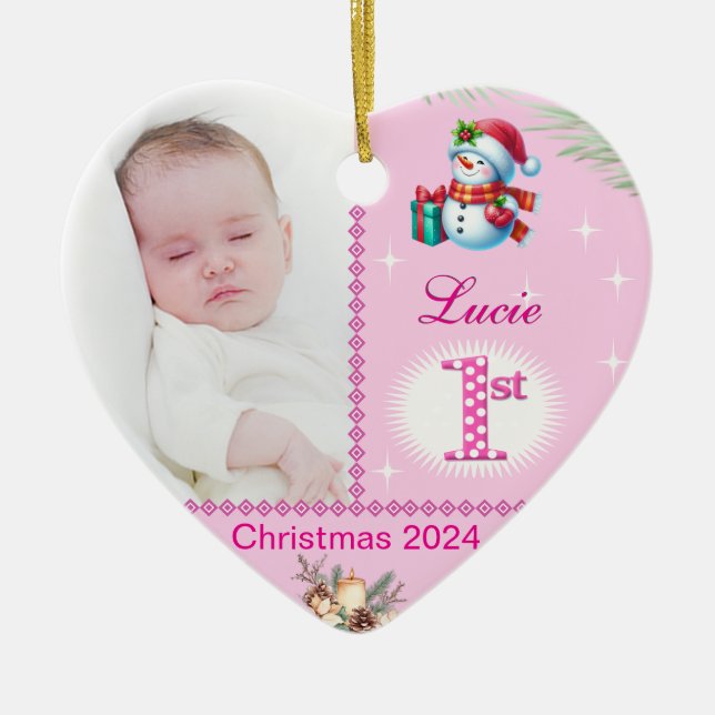 Baby Girl First Christmas Custom Foto Herzgeschenk Keramik Ornament (Vorne)