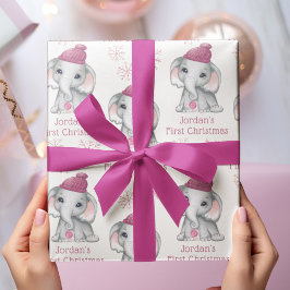 Baby Girl First Christmas Elephant Pink Snow Name Geschenkpapier Set