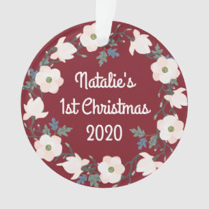 Baby Girl First Christmas Floral Burgundy Foto Ornament