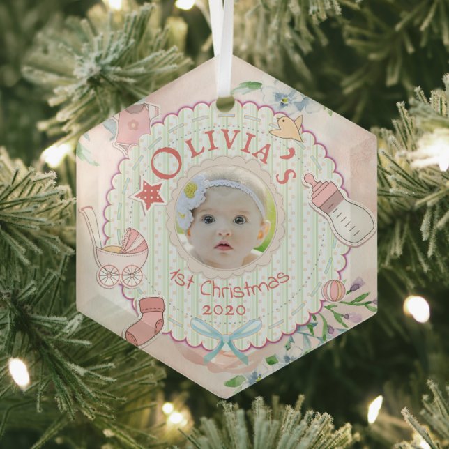 Baby Girl First Christmas Foto Ornament Aus Glas (Insitu)