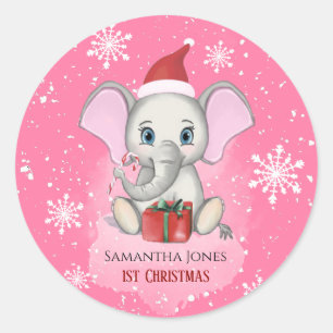 Baby Girl First Christmas Niedlich Elephant Holida Runder Aufkleber