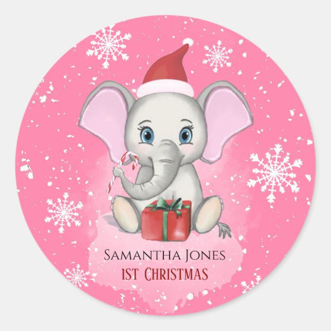 Baby Girl First Christmas Niedlich Elephant Holida Runder Aufkleber (Vorderseite)
