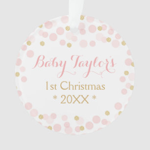 Baby Girl First Christmas Ornament, Pink Gold Dots Ornament