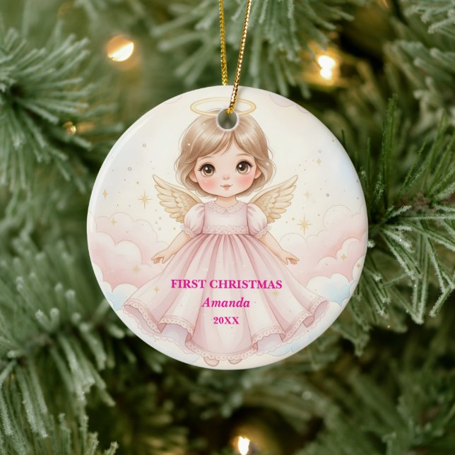 Baby Girl First Christmas Pink Angel Photo Keramik Ornament (Baum)